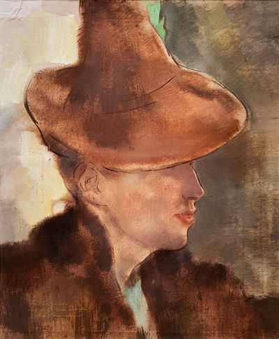 Lotte Laserstein, Frau mit spitzem Hut, um 1940, Öl und Gouache auf Papier, 45,3 x 37,3 cm