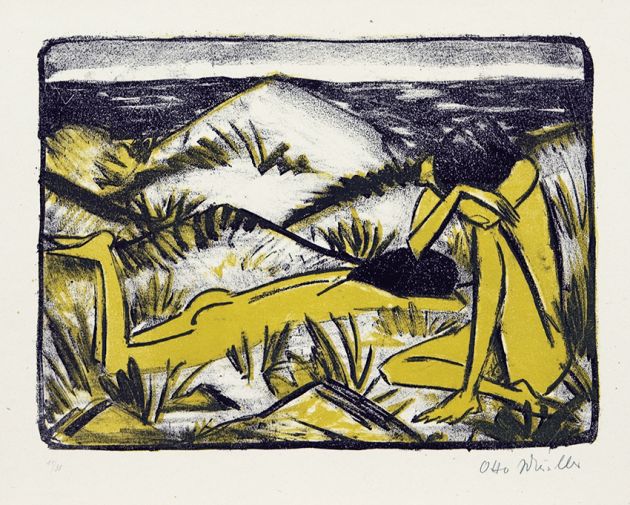 Otto Mueller | Ein in Dünen sitzendes und ein liegendes Mädchen | 1920/24 | Farblithografie