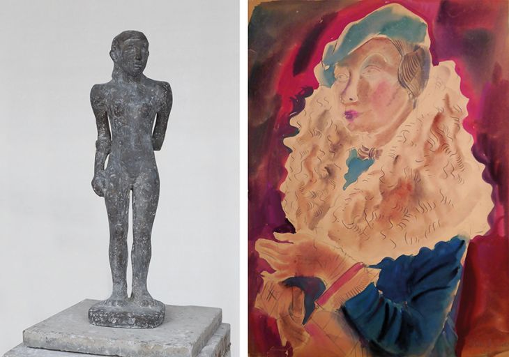 Emerita Pansowová, Stehende, Bronze, 2015 & Erna Schmidt-Caroll, Frau im Mantel und Pelzkragen, Aquarell, 1933