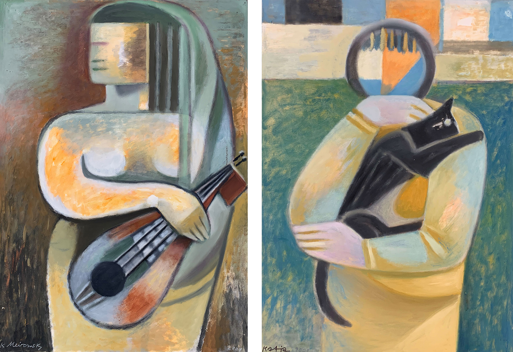 Katja Meirowsky | Walk with Corki (left) and Woman with Guitar (right) | 2000 | mixed media and pastel